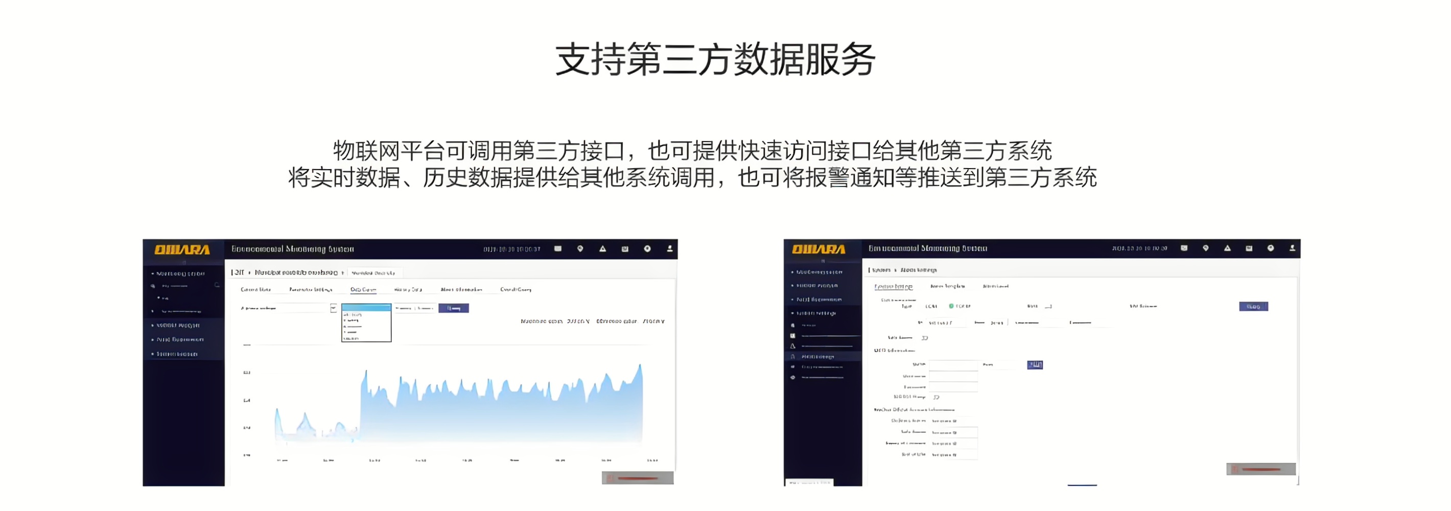 物聯(lián)網(wǎng)平臺(tái)可調(diào)用第三方接口，也可提供快速訪(fǎng)問(wèn)接口給其他第三方系統(tǒng)，將實(shí)時(shí)數(shù)據(jù)、歷史數(shù)據(jù)提供給其他系統(tǒng)調(diào)用，也可將報(bào)警通知等推送到第三方系統(tǒng)